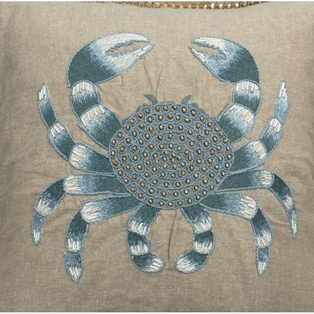 Coastal Embroidered Crab Pillow Cover 18"x18" Beige Blue Burlap Trim  Zip Close - Picture 2 of 4